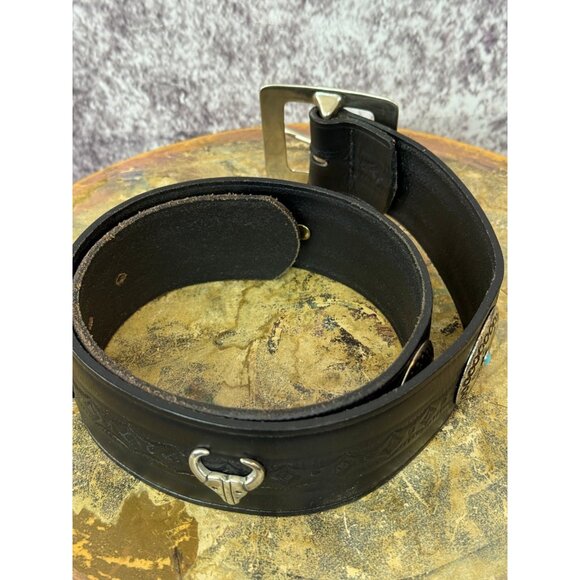 Leather Belt Silver womens M 34"L Black Buckle Bull Conchos Turquoise Western - Picture 4 of 14